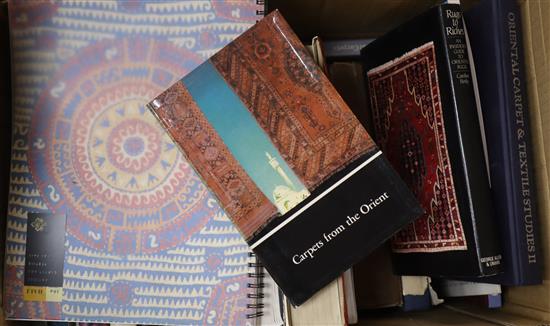 Nine books on glass, five C. Bronte books and thirty one books on carpets and rugs, etc.